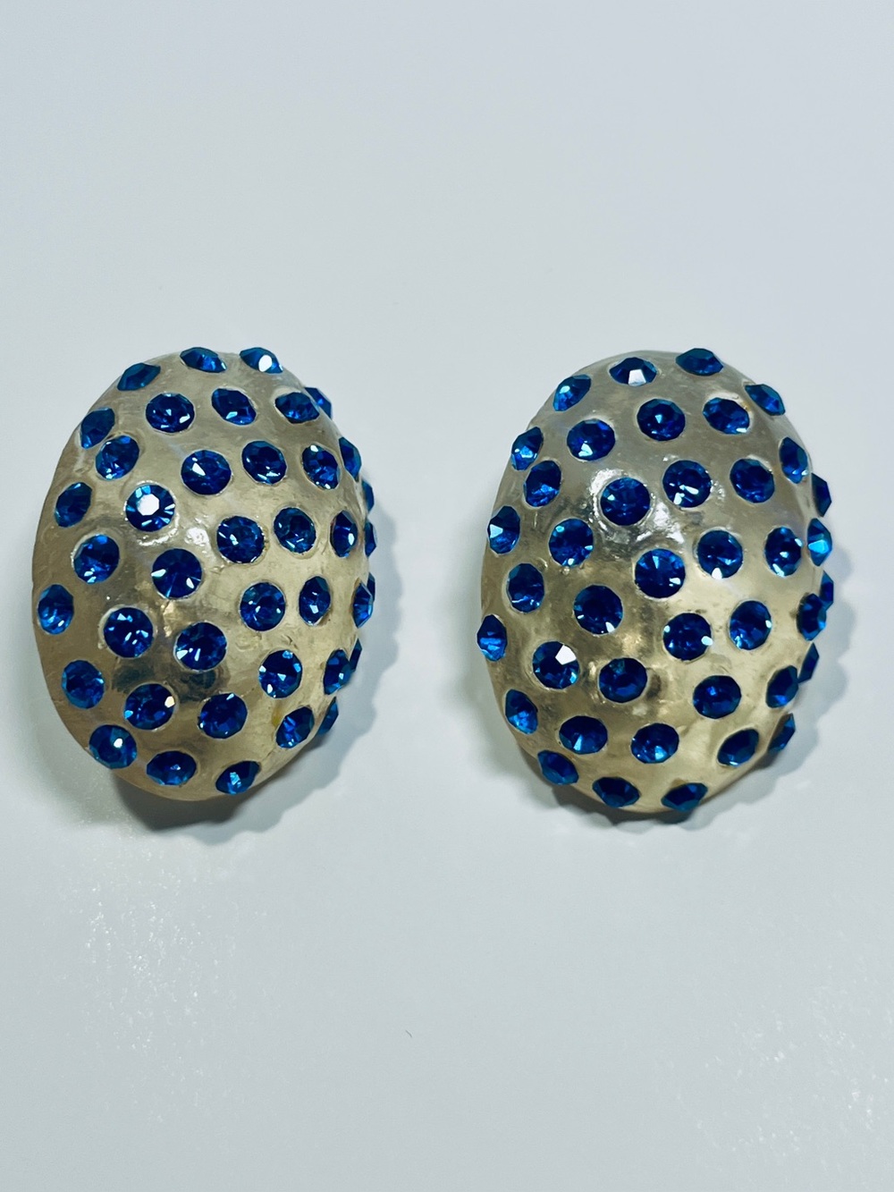 Vintage Blue Rhinestone Clip-on Costume Earrings, Dome Oval, Celluloid Base
